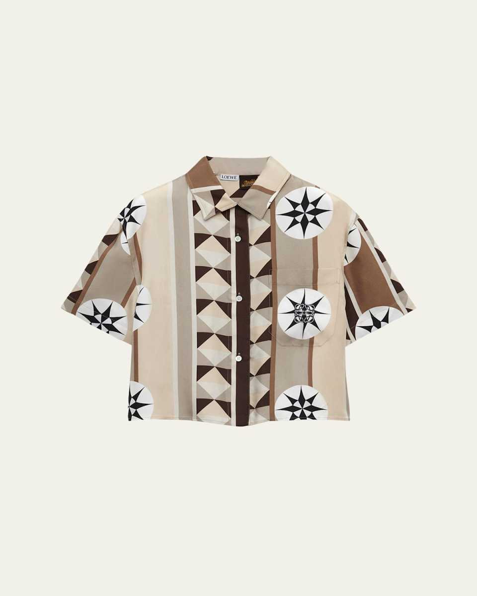 Scarf Print Cropped Boxy Silk Shirt